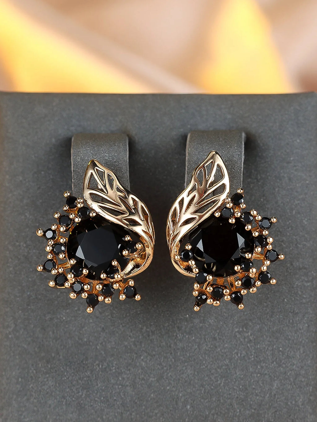 Round flower feather zircon earrings for women in champagne gold copper electroplated natural style