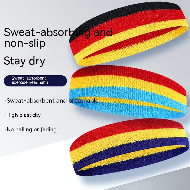 Adult sports headband in multi-colour design for running, basketball, and yoga.