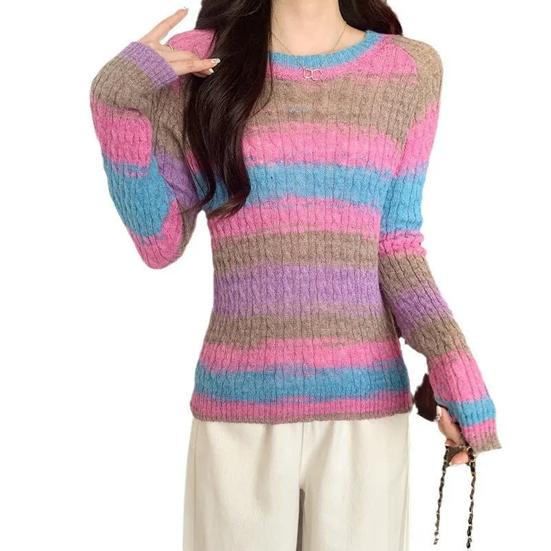 Women's striped round neck pullover sweater in pink or purple, slim fit, long sleeves, 50cm length, average size