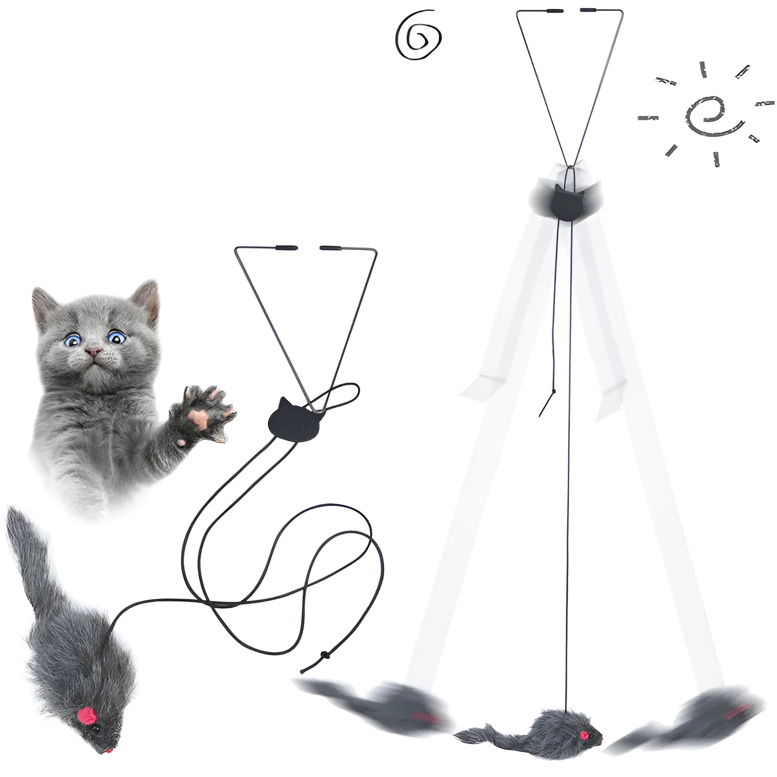 Pet telescopic hanging door cat toy with plush mouse, adjustable buckle, and 1.8-metre elastic rope in grey