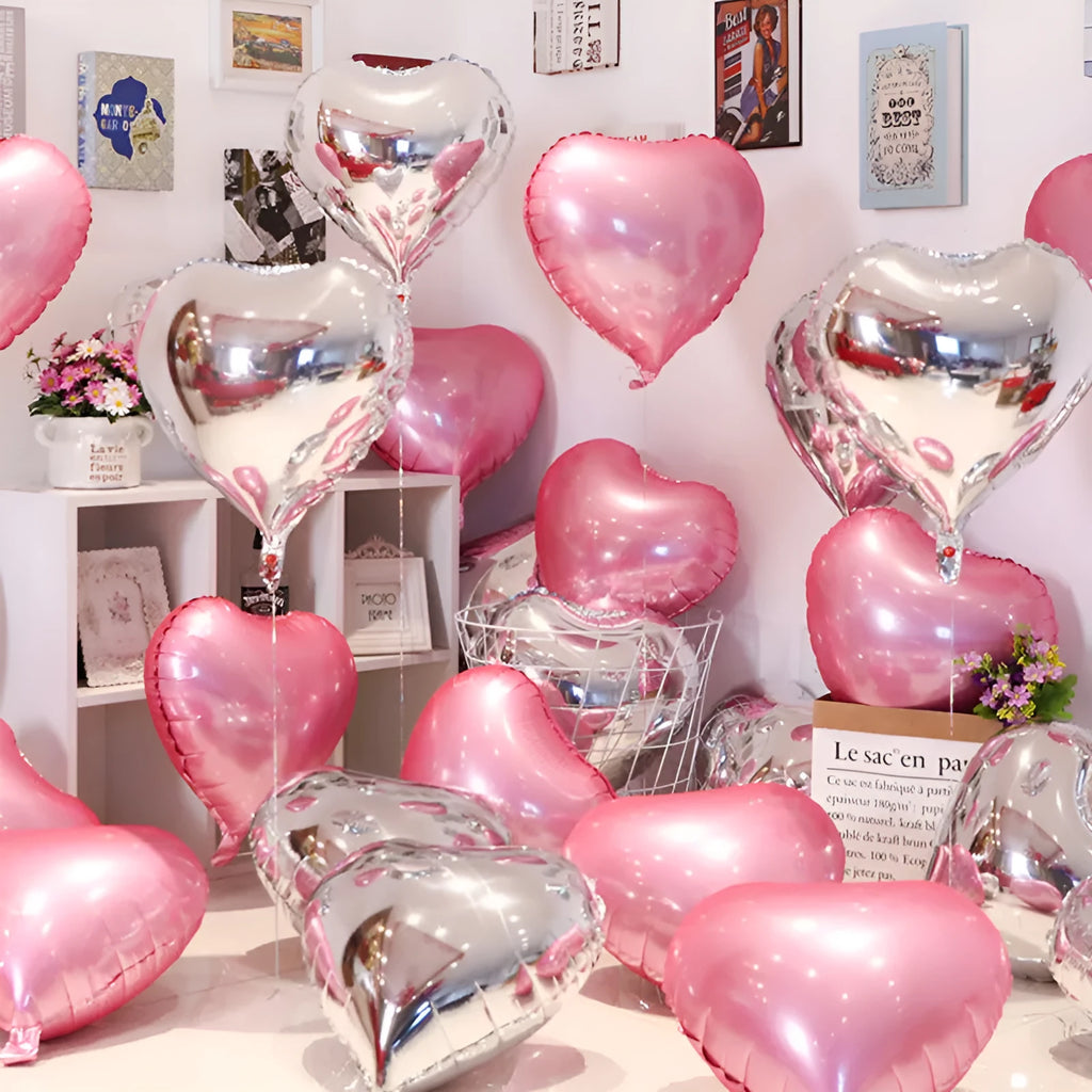 Five sparkling aluminium peach heart balloons in red, blue, rose, and silver colours.