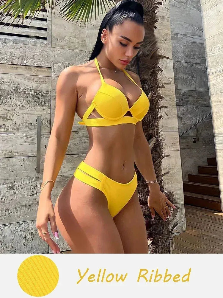 Women's backless skinny-cut bikini swimsuit in leopard print and solid colours.