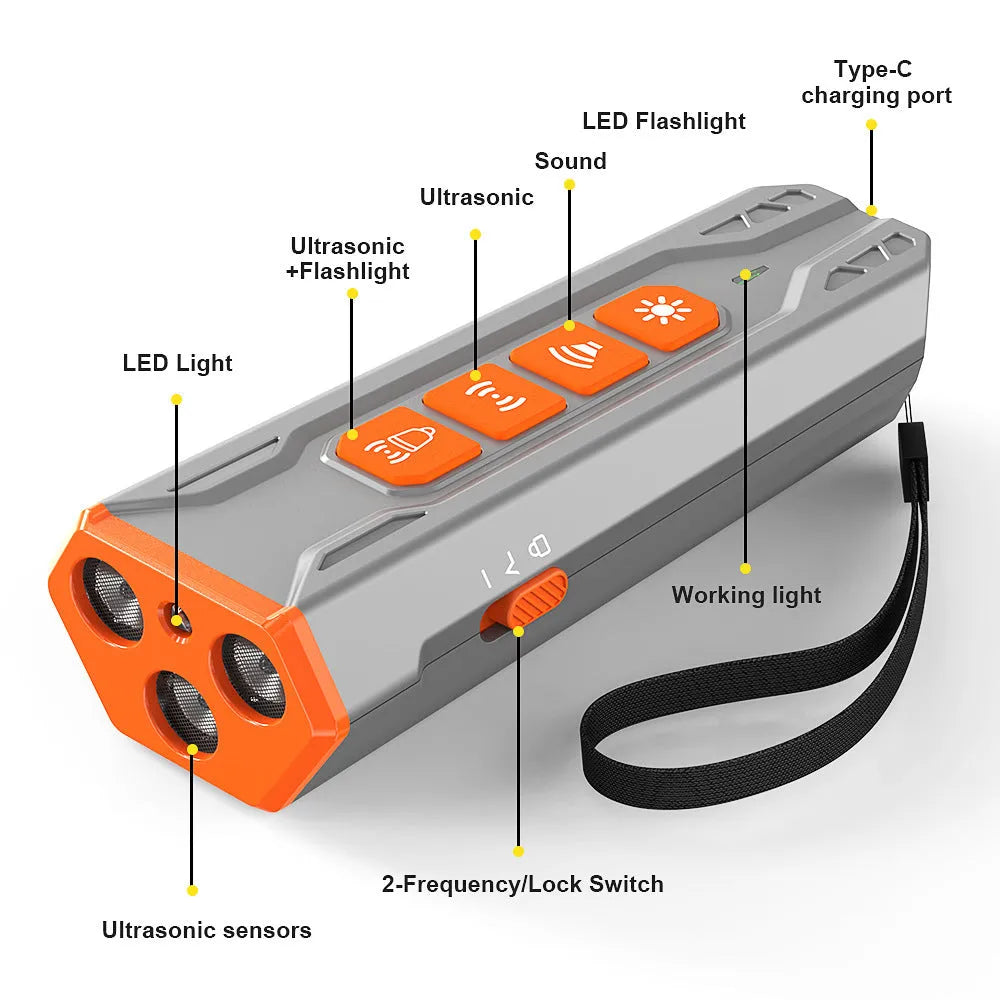 Three-head adjustable ultrasonic dog trainer in grey orange and black orange colour options