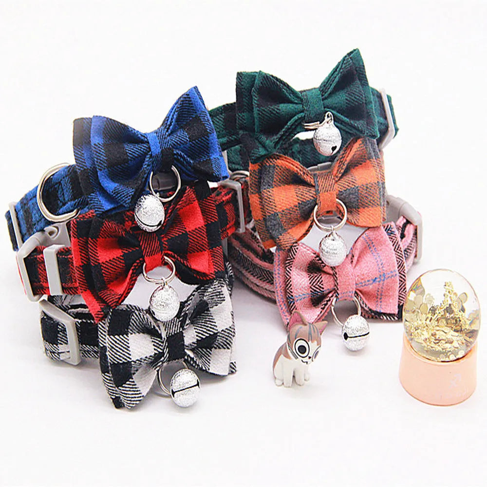 Plaid cotton cat bell collar with butterfly bow tie and optional hand holding rope in blue green orange pink red white S XS