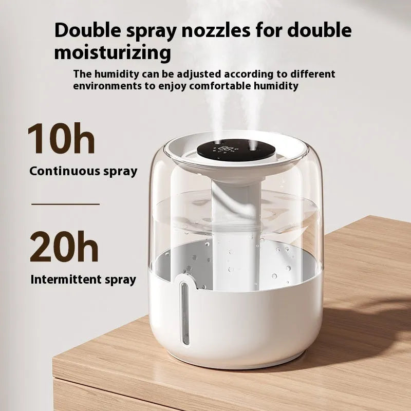 Beige round USB humidifier with display screen and dual mist outlets on a table