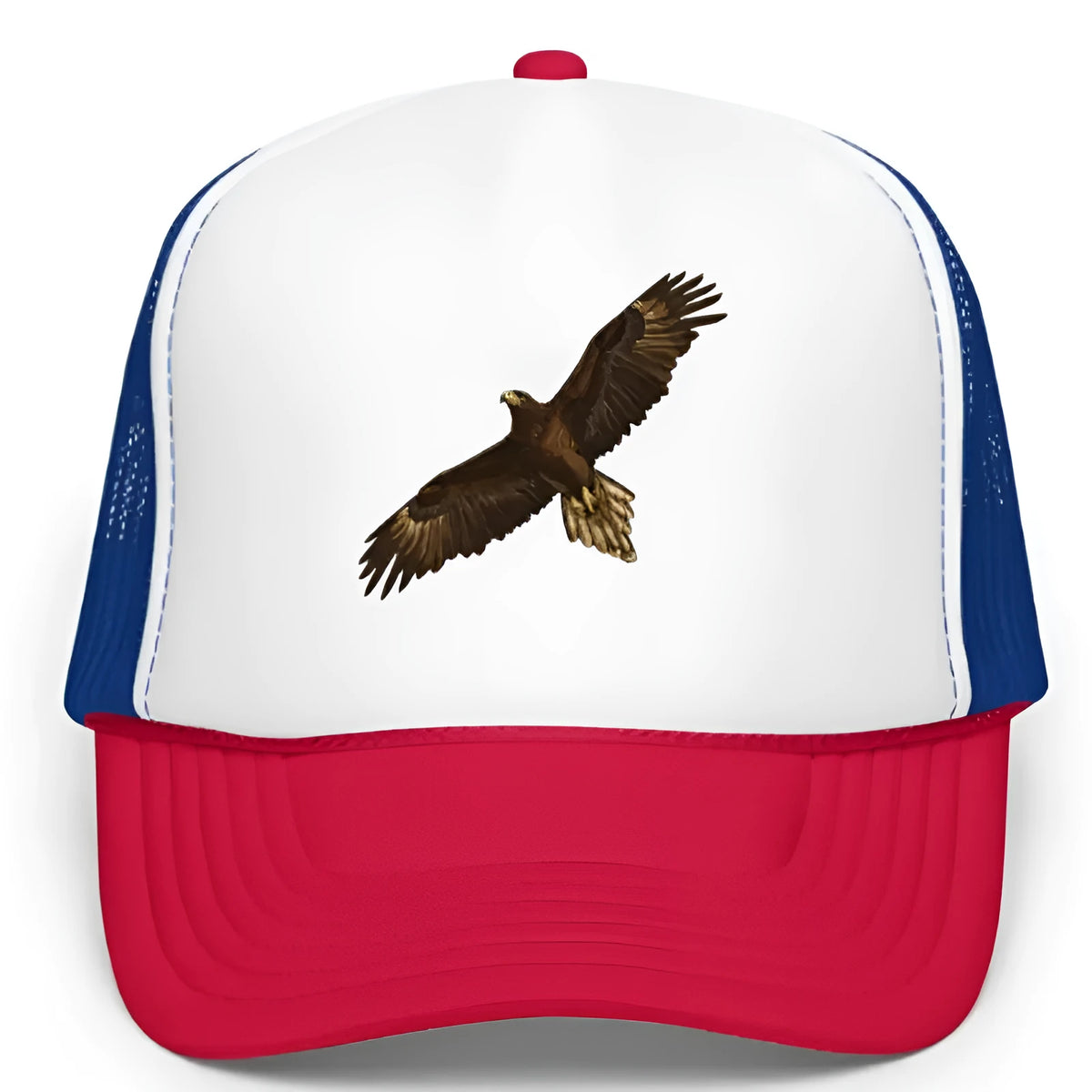 Red Sponge Hawk baseball cap with dome crown, embroidery and printing, polyester main fabric.