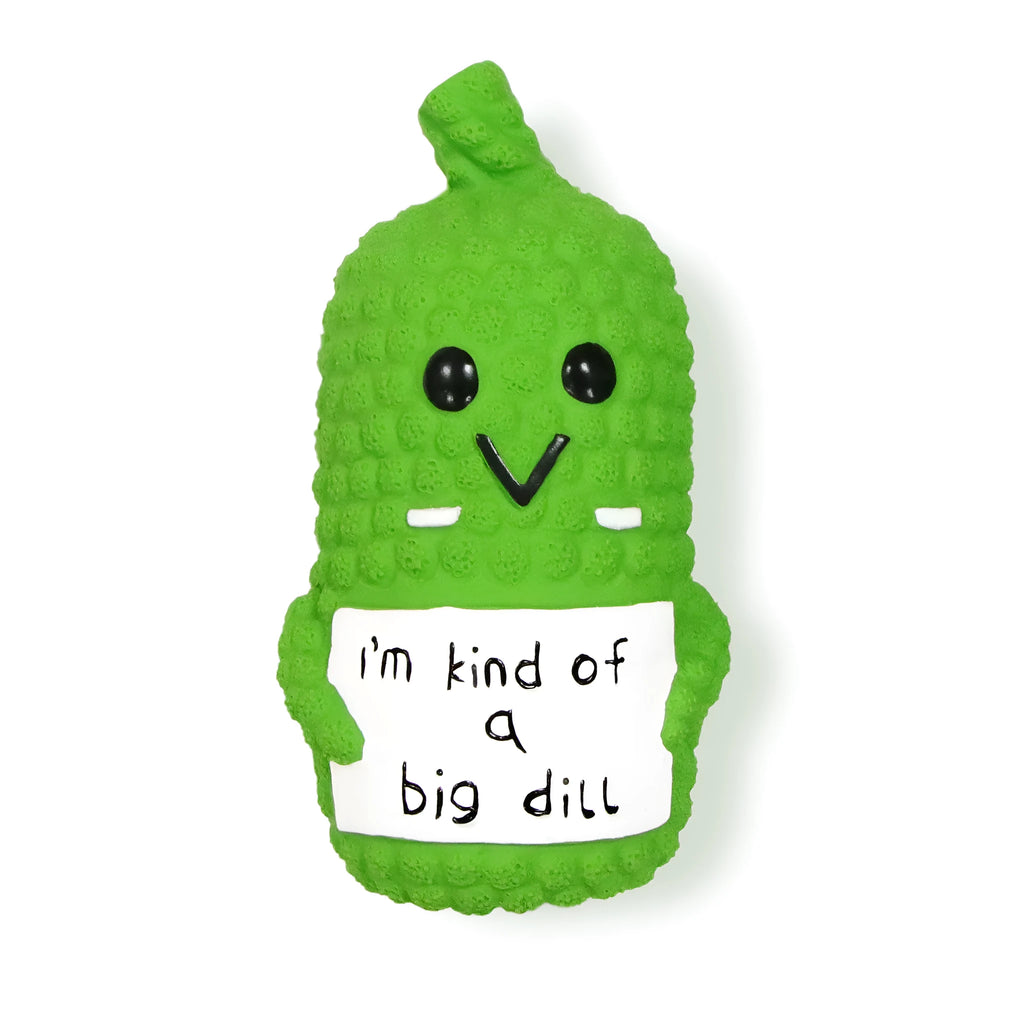 Green latex pickle dog chew toy with textured surface and squeaker inside.