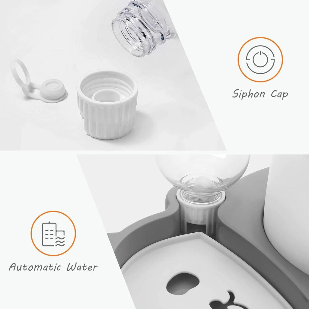 Grey panda-design automatic pet feeder with water bottle and tilted stainless steel bowls