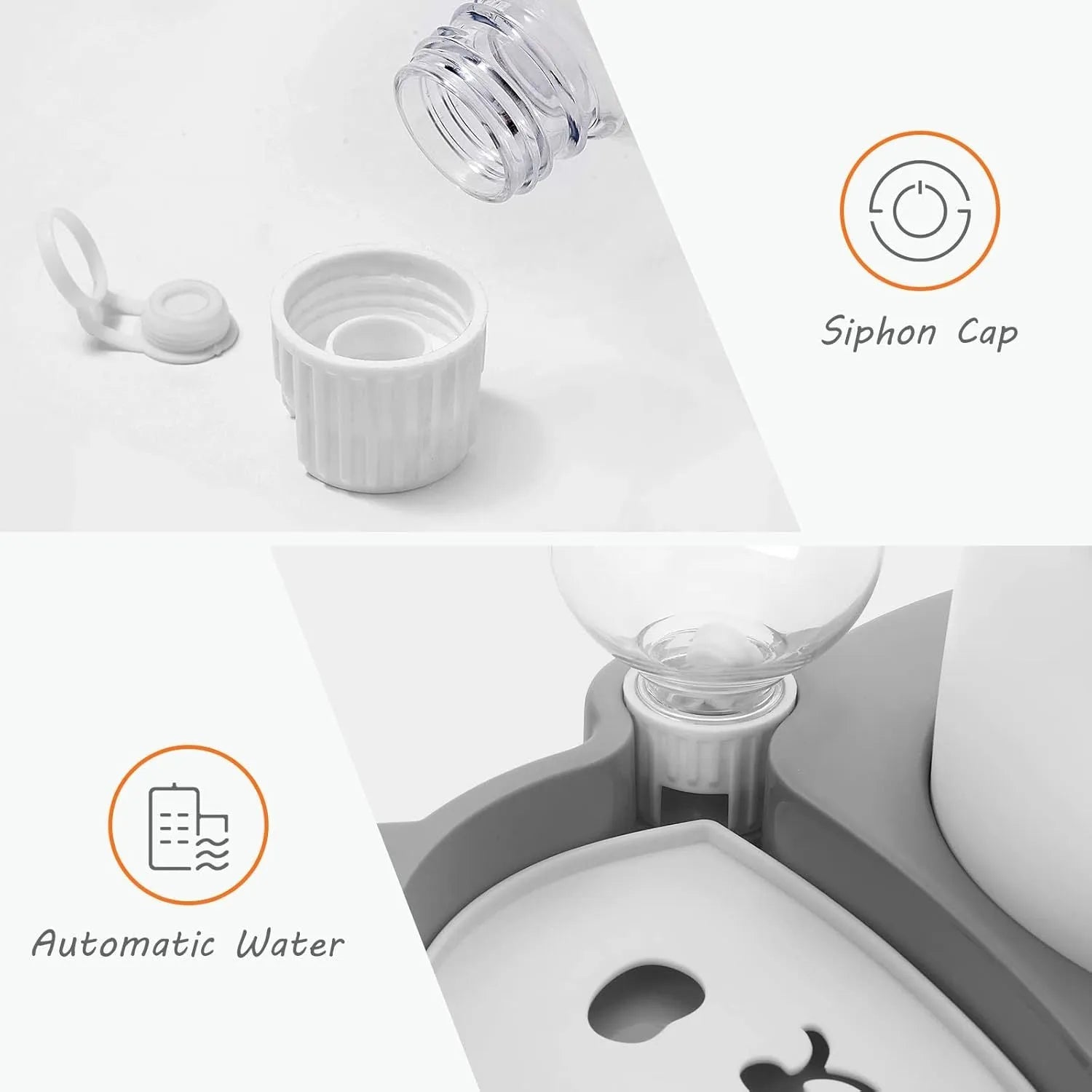 Grey panda-design automatic pet feeder with water bottle and tilted stainless steel bowls