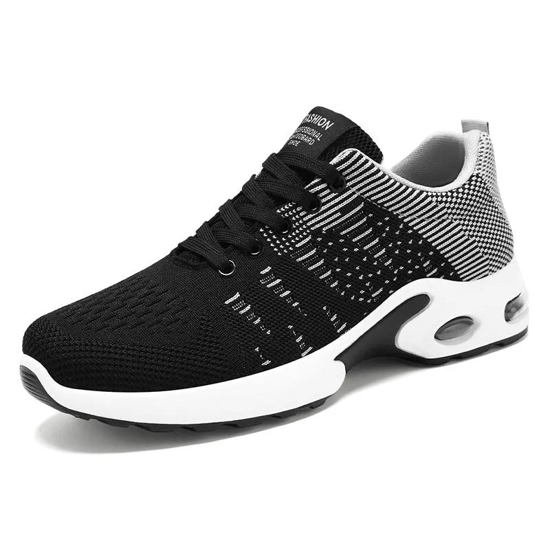 Men's black and gray Flyknit mesh casual sneakers with flat sole and lace-up front