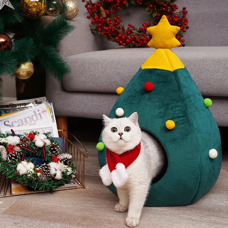 Christmas tree-shaped plush pet cave bed for cats and small dogs with detachable cover