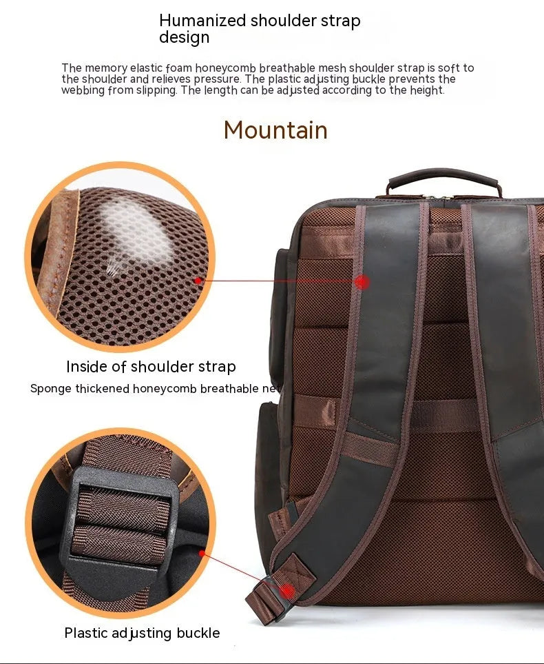 Dark brown retro leather backpack for a 17-inch laptop with double shoulder straps.