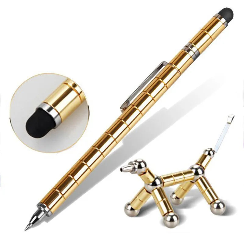 Magnetic modular fidget pen with silver finish, magnetic rings, steel balls, and capacitive head on a table