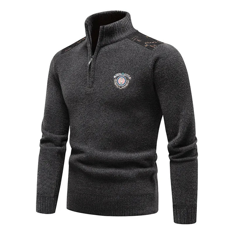 Men's velvet stand collar thickened sweater in beige, straight cut pullover with long sleeves.