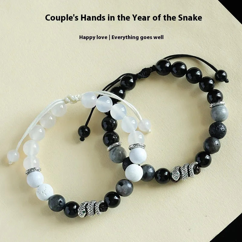 Agate couple bracelet set with blessing snake pattern in black and white options featuring white turquoise accents
