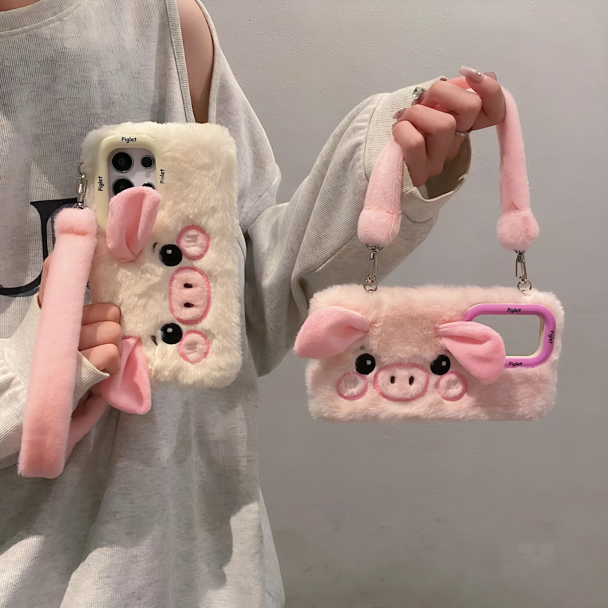 Pink plush furry piggy phone case with bracket for Samsung S25, soft fleece cloth Japanese Korean style
