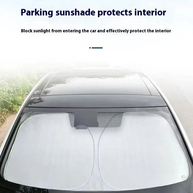 Silver aluminium foil car sunshade shown in two size options.