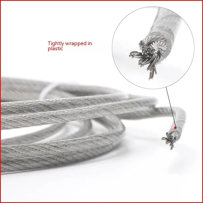 Close-up of a coiled 304 stainless steel coated security cable with double twist multi-strand construction.