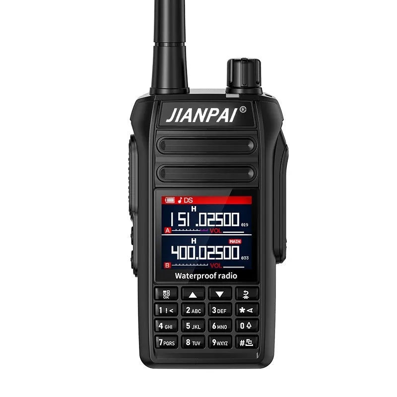 Black Interphone waterproof aviation full band radio headset with plastic shell and included accessories on a table.