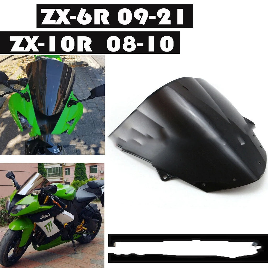 Blue and brown motorcycle windscreen for Kawasaki ZX-6R and ZX-10R sports bikes.