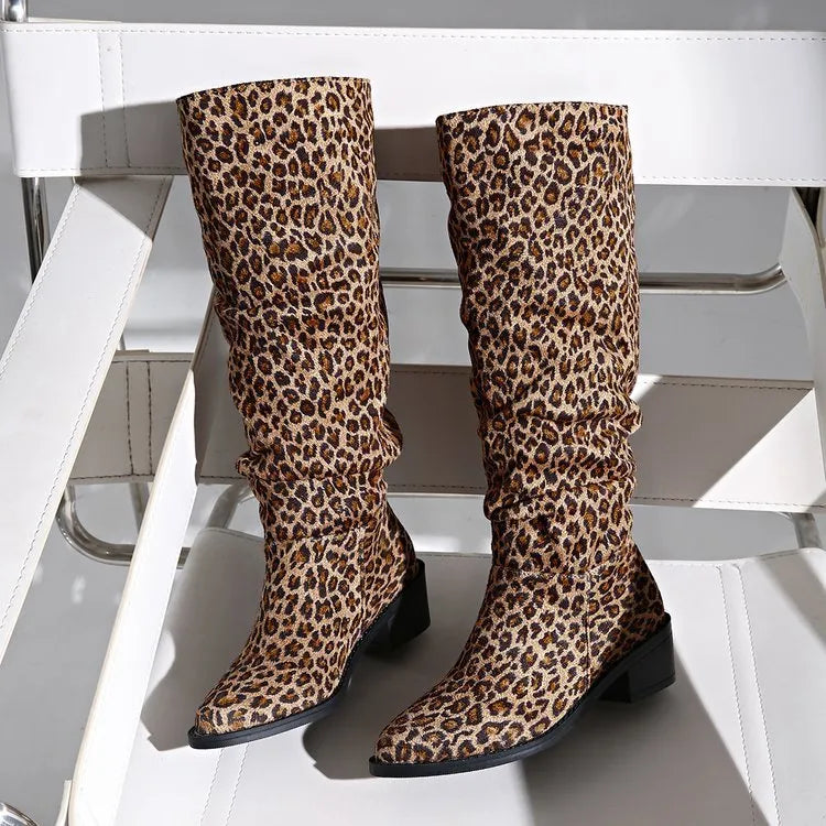 Brown women's leopard print square toe boots with chunky heel and high shaft design