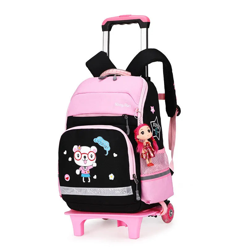 Korean detachable trolley school bag in Oxford cloth, shown in black and rose red colours.