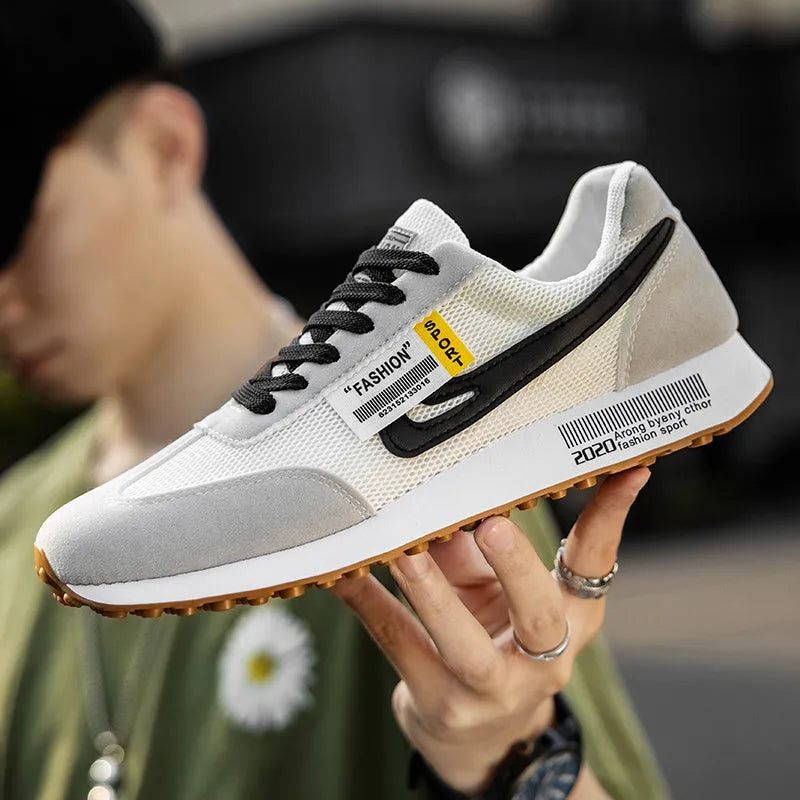 Trend all-match casual sports running shoes in white with breathable PVC upper and lace-up closure