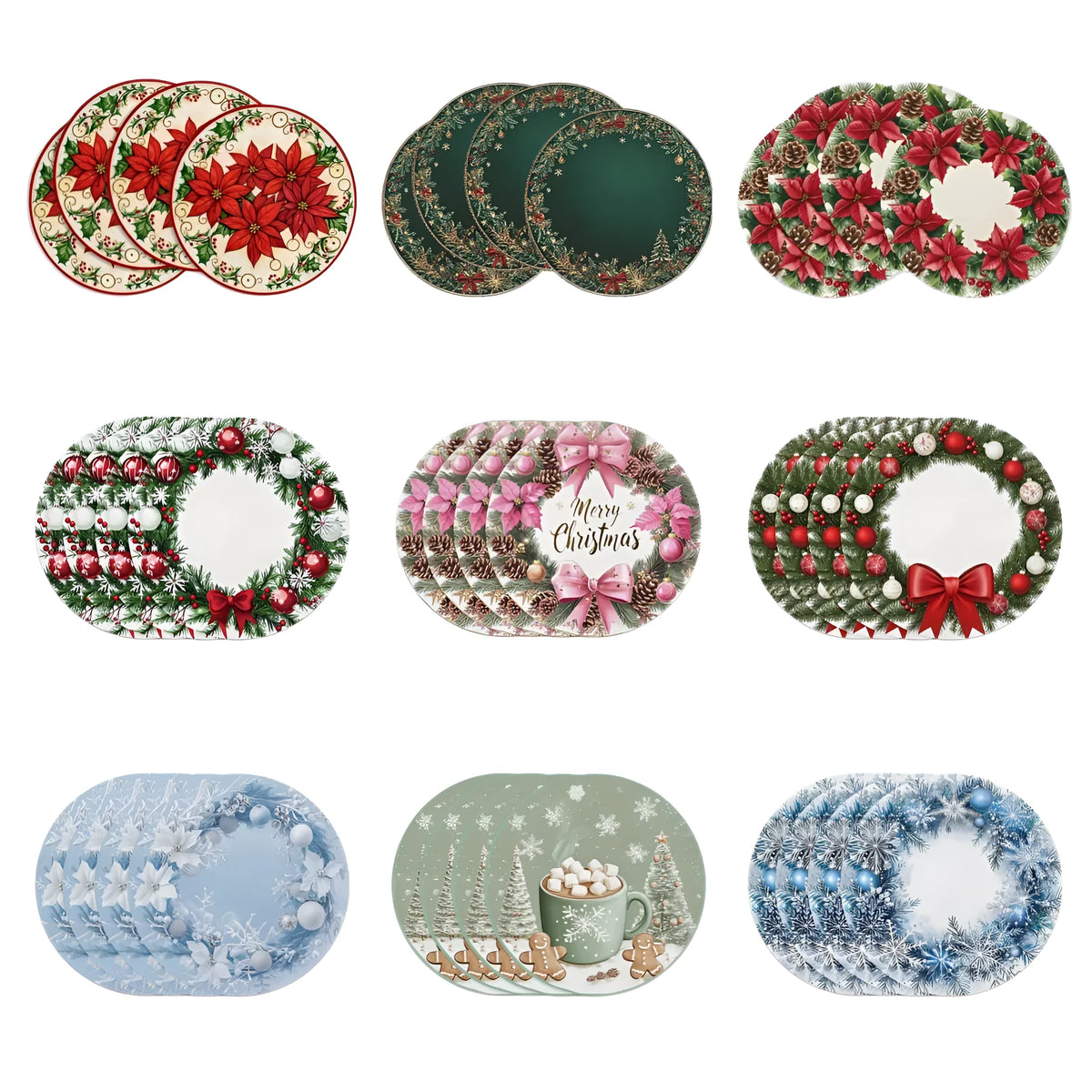 Round Christmas placemat 38x38cm polyester linen or dense hemp with festive bow holly snowflake garland design