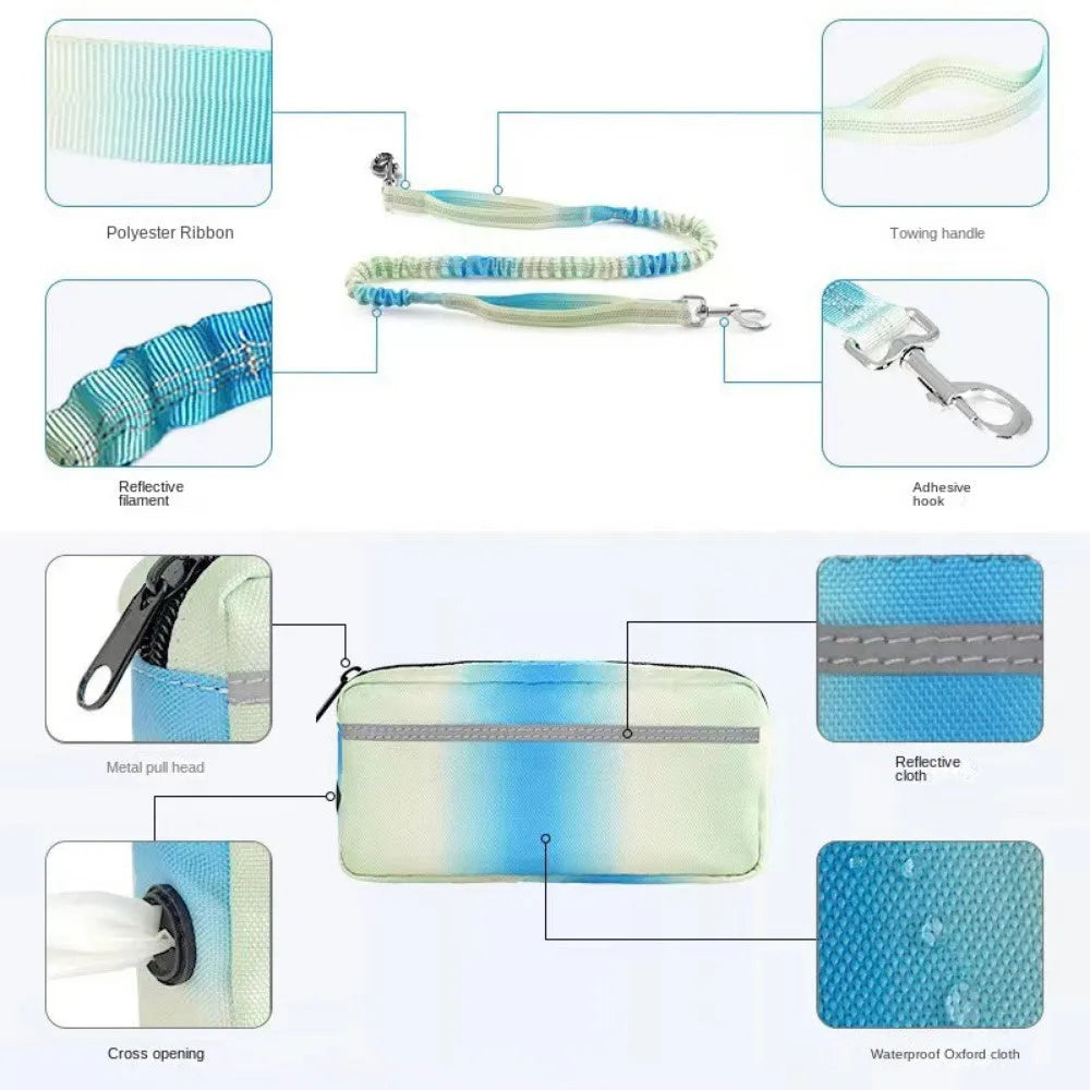 Hands-free adjustable dog leash with waist belt showing blue polyester traction rope with reflective stitching