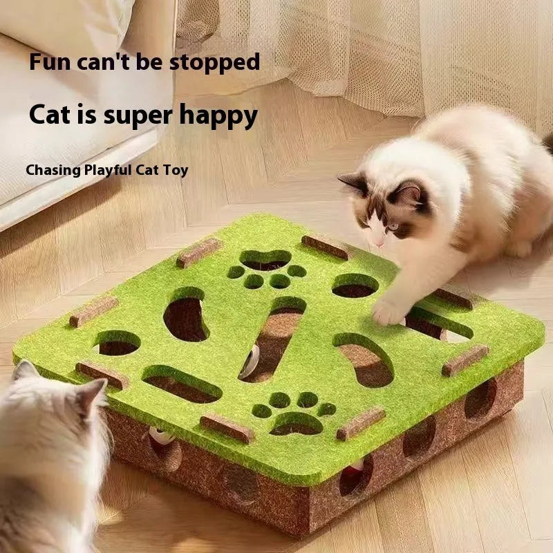 Green brown felt cat puzzle box with holes for pawing and mental stimulation