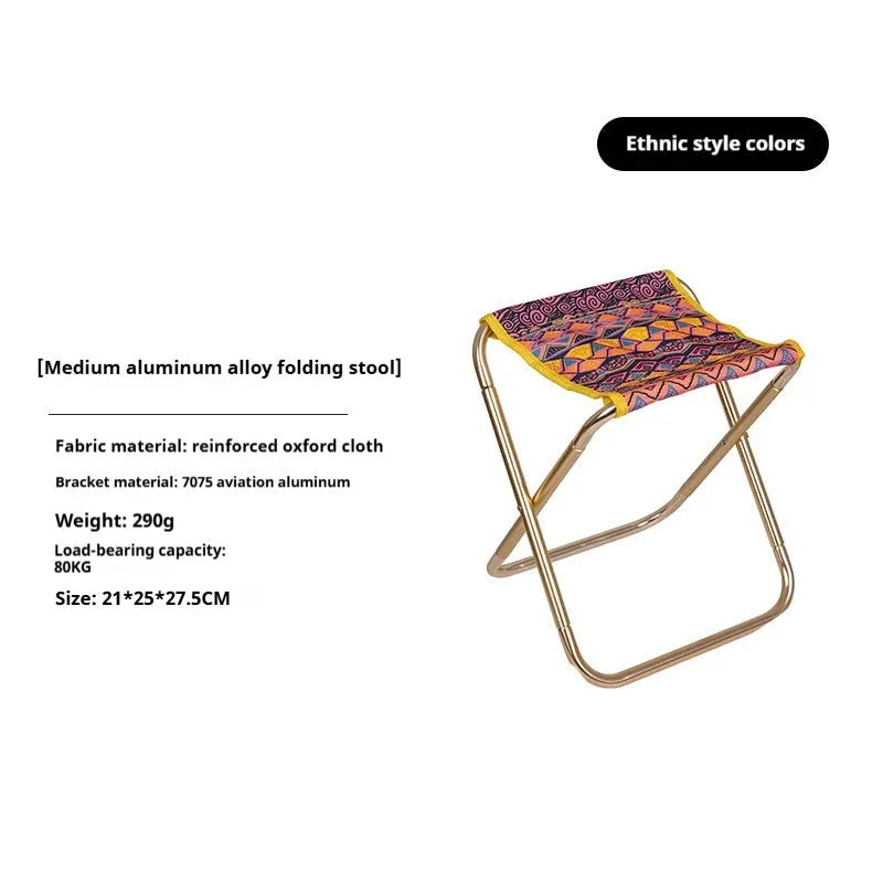 Black ethnic style aluminium alloy portable folding stool for camping and fishing.