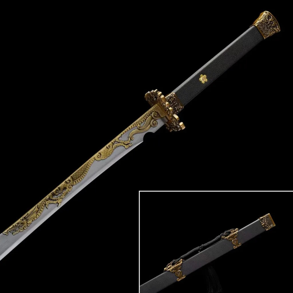 Tang Heng Dao integrated manganese steel decorative sword with solid wood leather scabbard and rope-wrapped handle, 107cm length