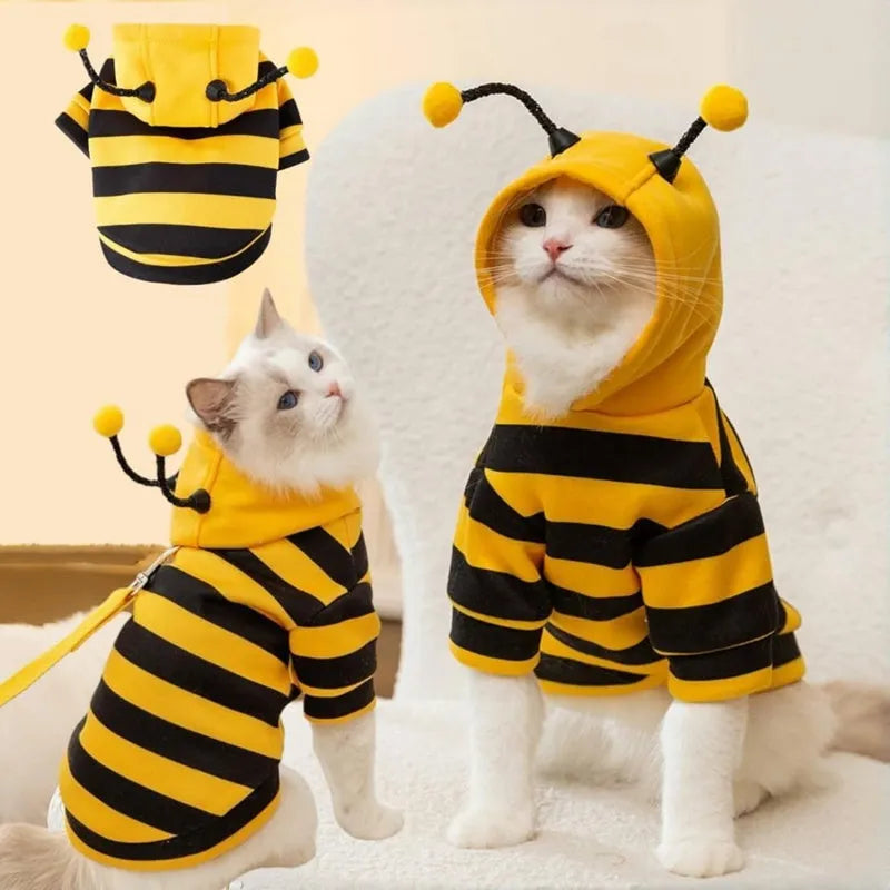 Bee antenna pet hoodie in yellow and black stripes with back belt hook, sizes XS to XXL