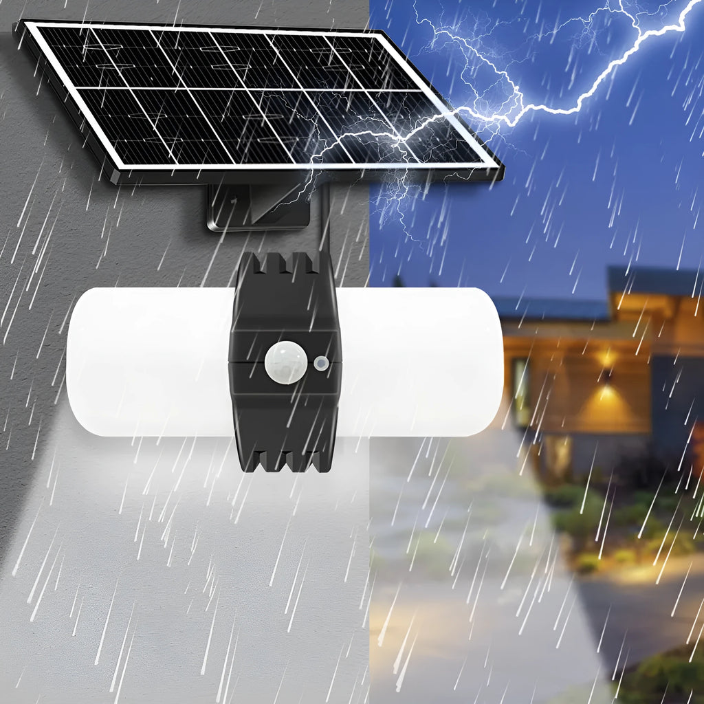 Black outdoor solar security floodlight with abstract design and mounting bracket on a wall.