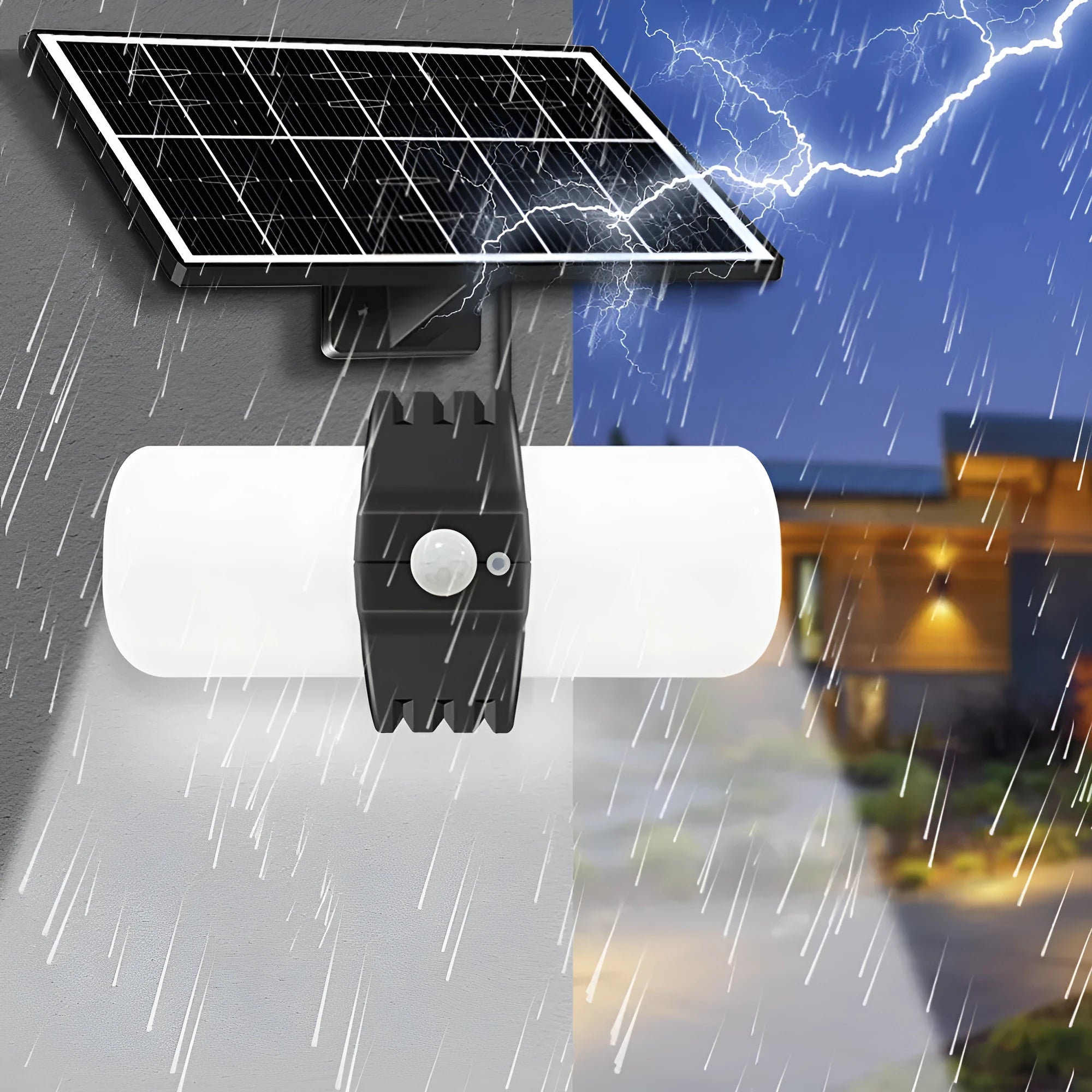 Black outdoor solar security floodlight with abstract design and mounting bracket on a wall.