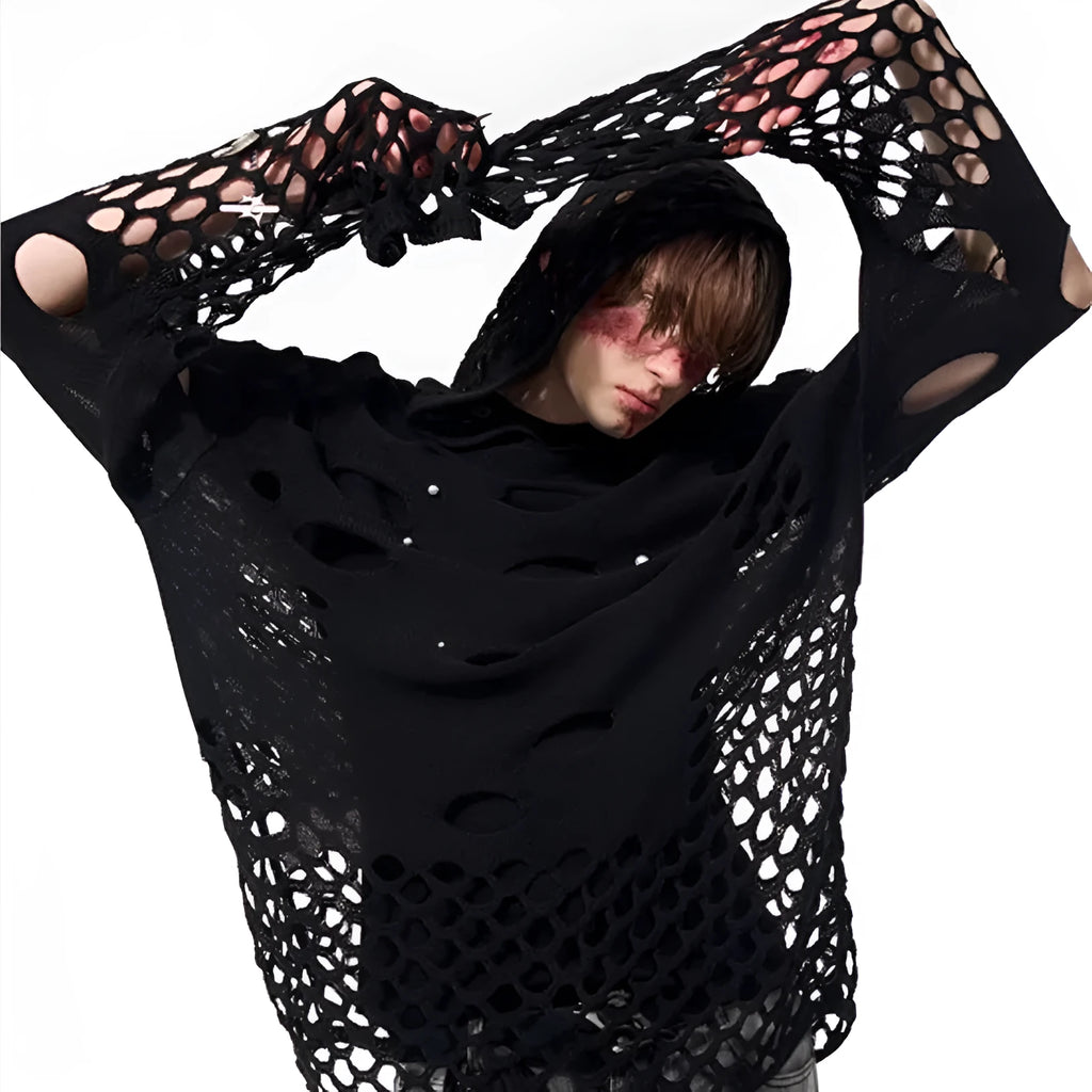Black men's loose-fit hoodie sweater with pearl decorative trim on the hood.