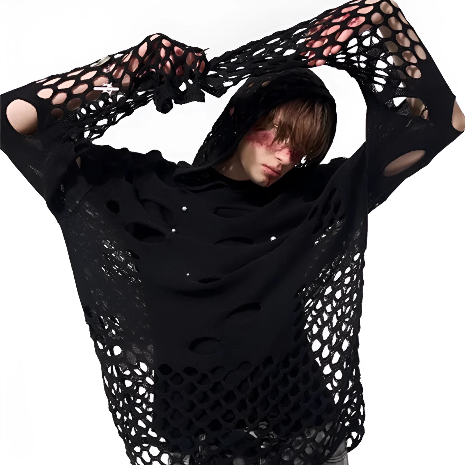 Black men's loose-fit hoodie sweater with pearl decorative trim on the hood.