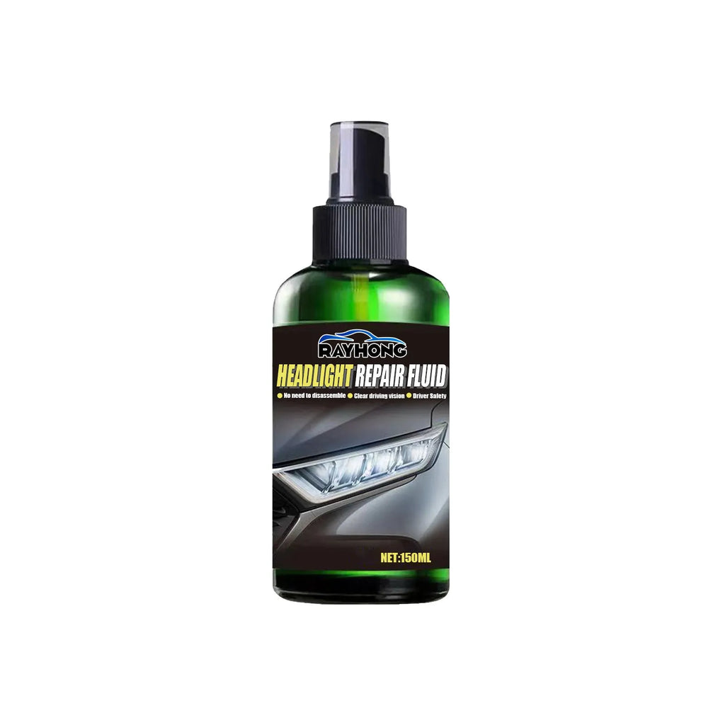 150ml bottle of car headlight repair liquid with applicator brush on a yellowed car lamp.