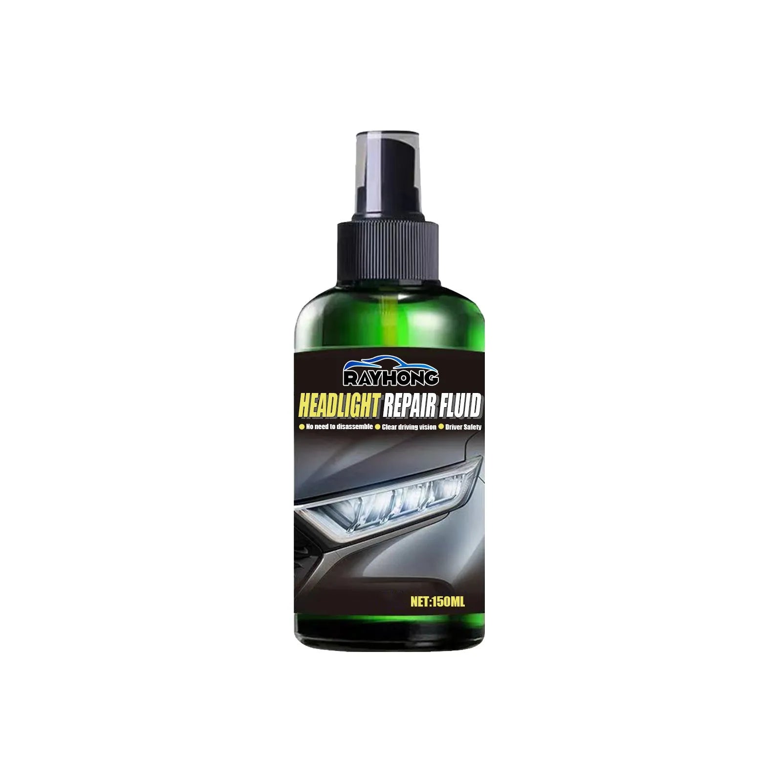 150ml bottle of car headlight repair liquid with applicator brush on a yellowed car lamp.