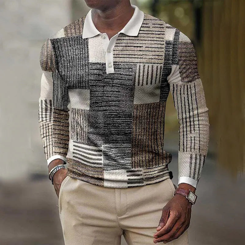 Men's grey long-sleeved top with raised 3D printed black and white stripes, casual fit.