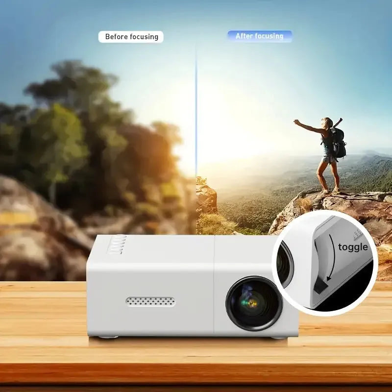 M100 mini home LED projector in black colour showing remote control and power cables