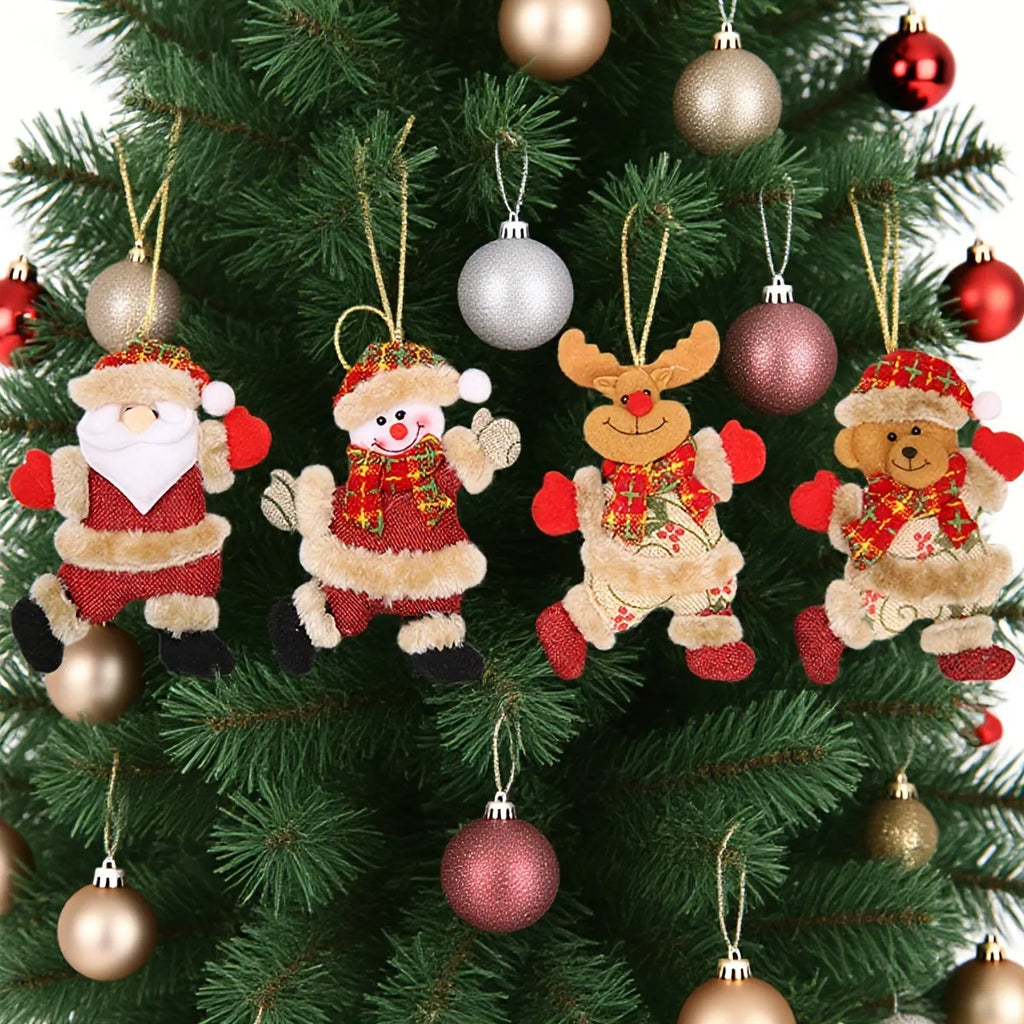 Set of four Christmas tree ornaments featuring Santa, snowman, reindeer and bear figures with red and white scarves