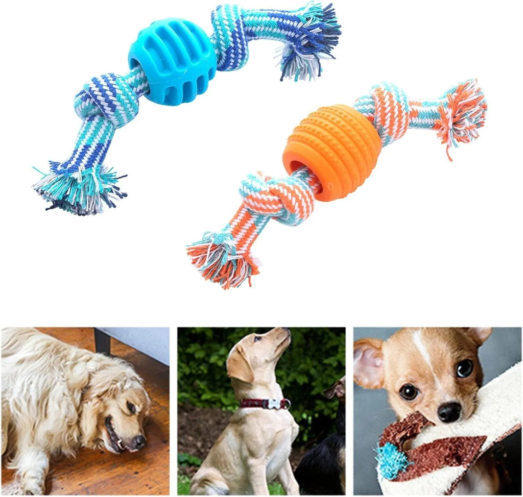 Blue soft dog chew toy with rope attachment for teeth cleaning and tug play.