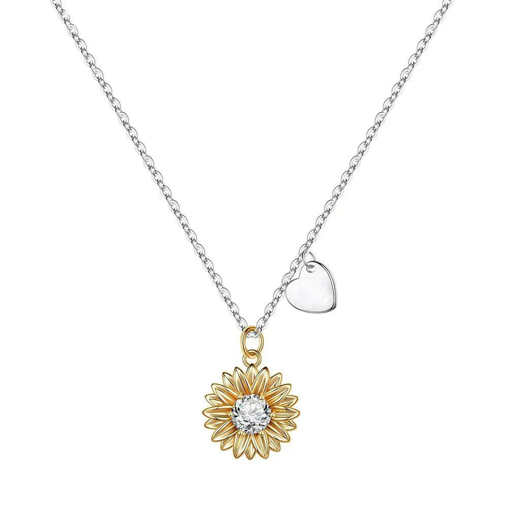 Women's 925 silver sunflower love pendant necklace with geometric daisy details on an adjustable cross chain.
