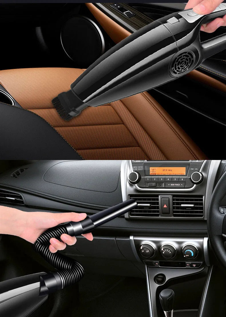 Black and orange Hypa handheld car vacuum cleaner with cigarette lighter plug.