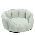 Grey plush cat kennel with an integrated hammock, showing soft interior and dimensions of 46cm wide.