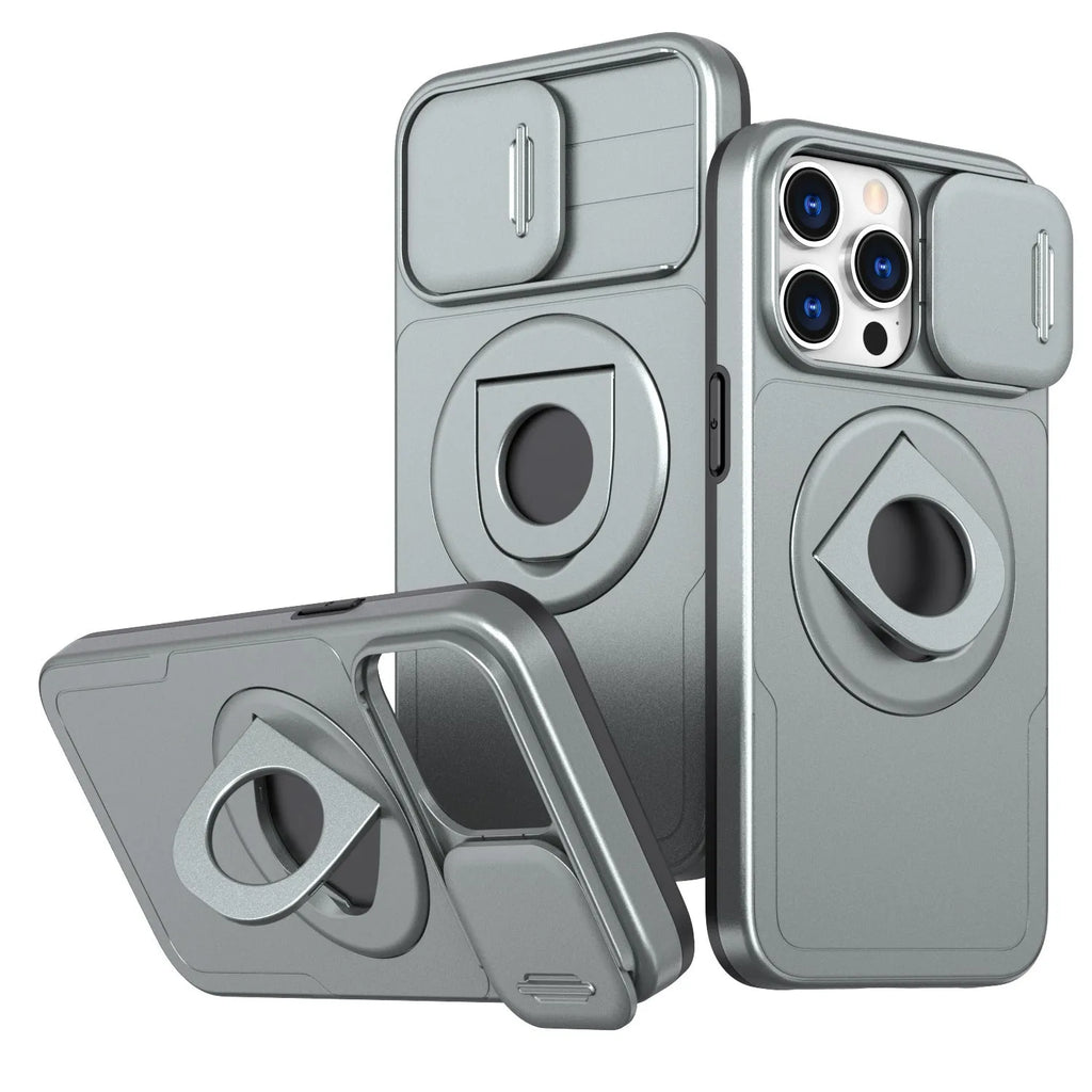 Plastic anti-fall shock bracket phone case with magnetic suction for Apple iPhone, black colour, side view showing kickstand
