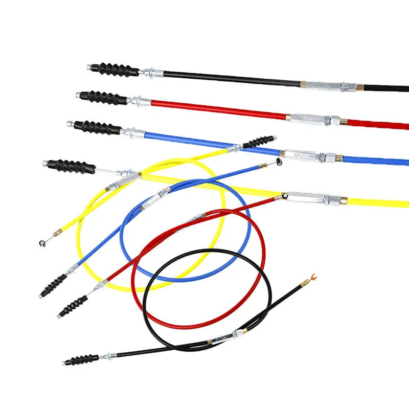Scramble motorcycle clutch and accelerator cable set in four colour options: black, blue, red, yellow.