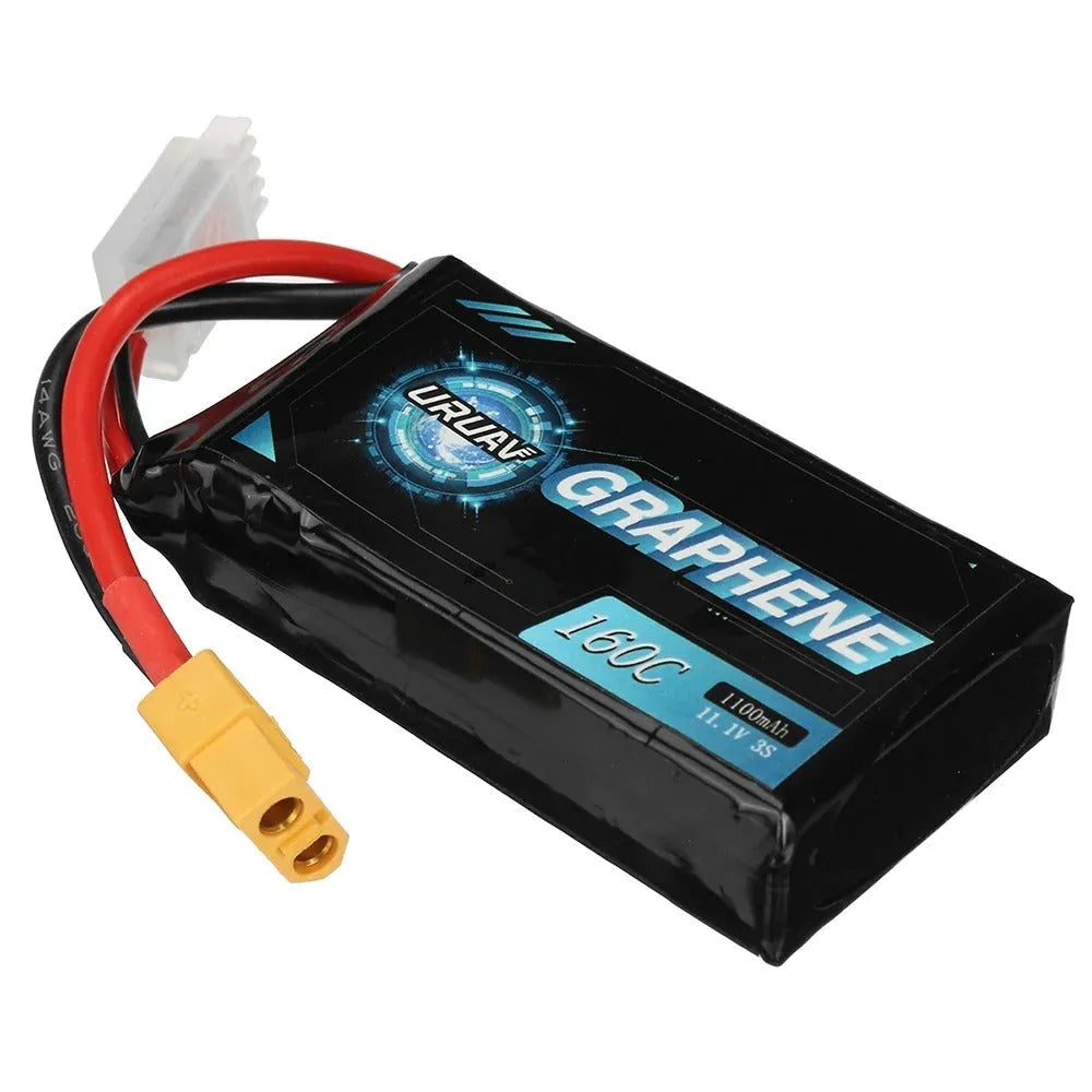 7.4V 1200mAh 2S Lithium Polymer RC battery with red JST connector, shown with dimensions.