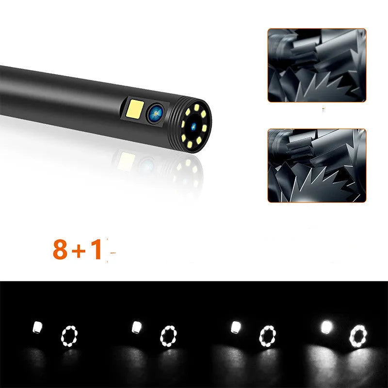 F300 wireless endoscope with dual 5.5mm and 8mm camera probes, magnet, and hook accessories on a dark background